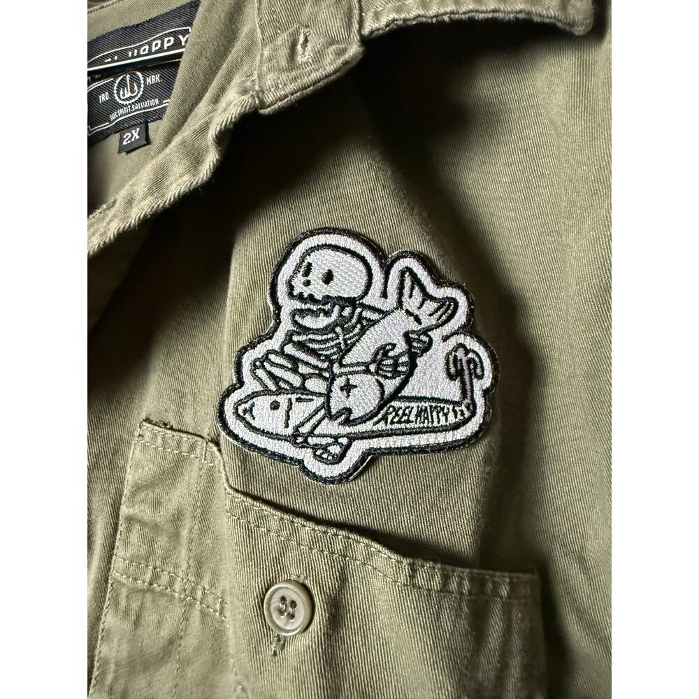 Reel Happy Army Green Button Down With Patch Size 2X
